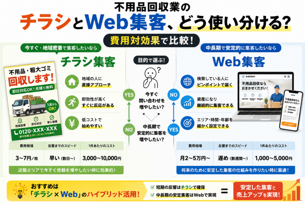 不用品回収業のチラシとWeb集客、どう使い分ける？費用対効果で比較