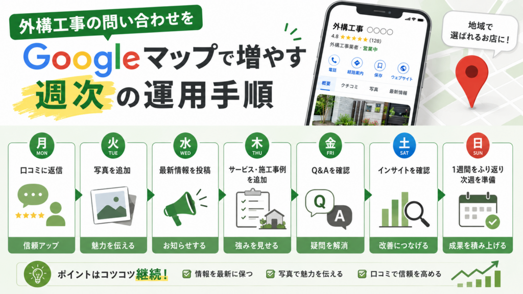 外構工事の問い合わせをGoogleマップで増やす週次の運用手順